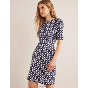 Boden Zoe Cotton Jersey Dress Navy/White Geometric Print Structured Shoulder, 8